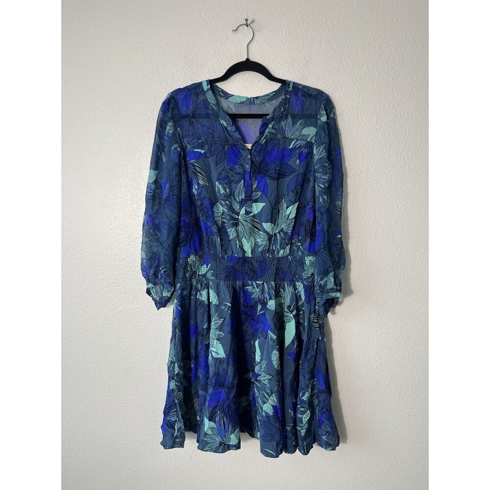 Rebecca Taylor Silk Chiffon Tahitian Flower Mini Dress Blue Sz 12 Smocked Waist